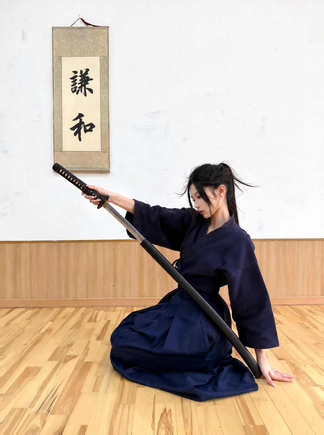 来访者在谦和书法挂轴旁坐姿持剑留影，刀具线条修正