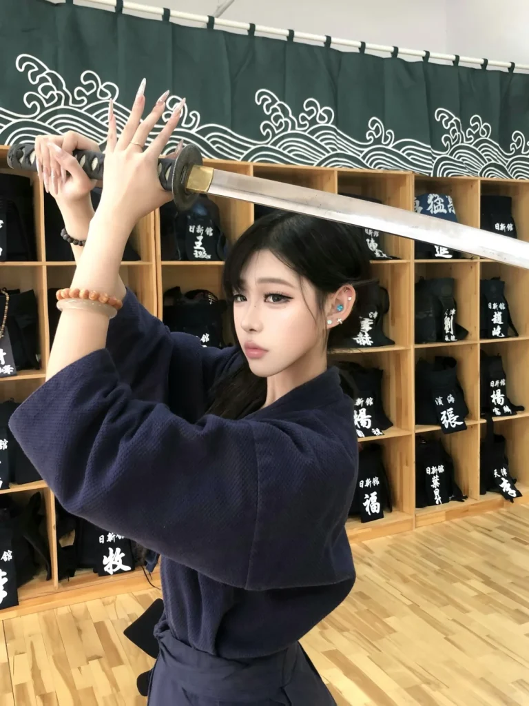 来访者在日新馆护具架前双手举剑留影